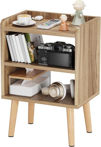 Modern Bedside Table, Mid Century Nightstand with Open Shelf, 3-Tier, Walnut