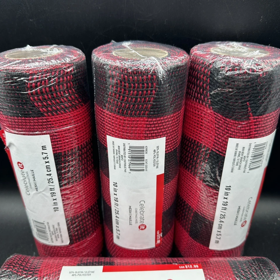 Lote de 4 rollos de malla decorativa a cuadros rojos negros de 10" x 19 pies coronas de Navidad artesanías hágalo usted mismo Foto 3 de 4