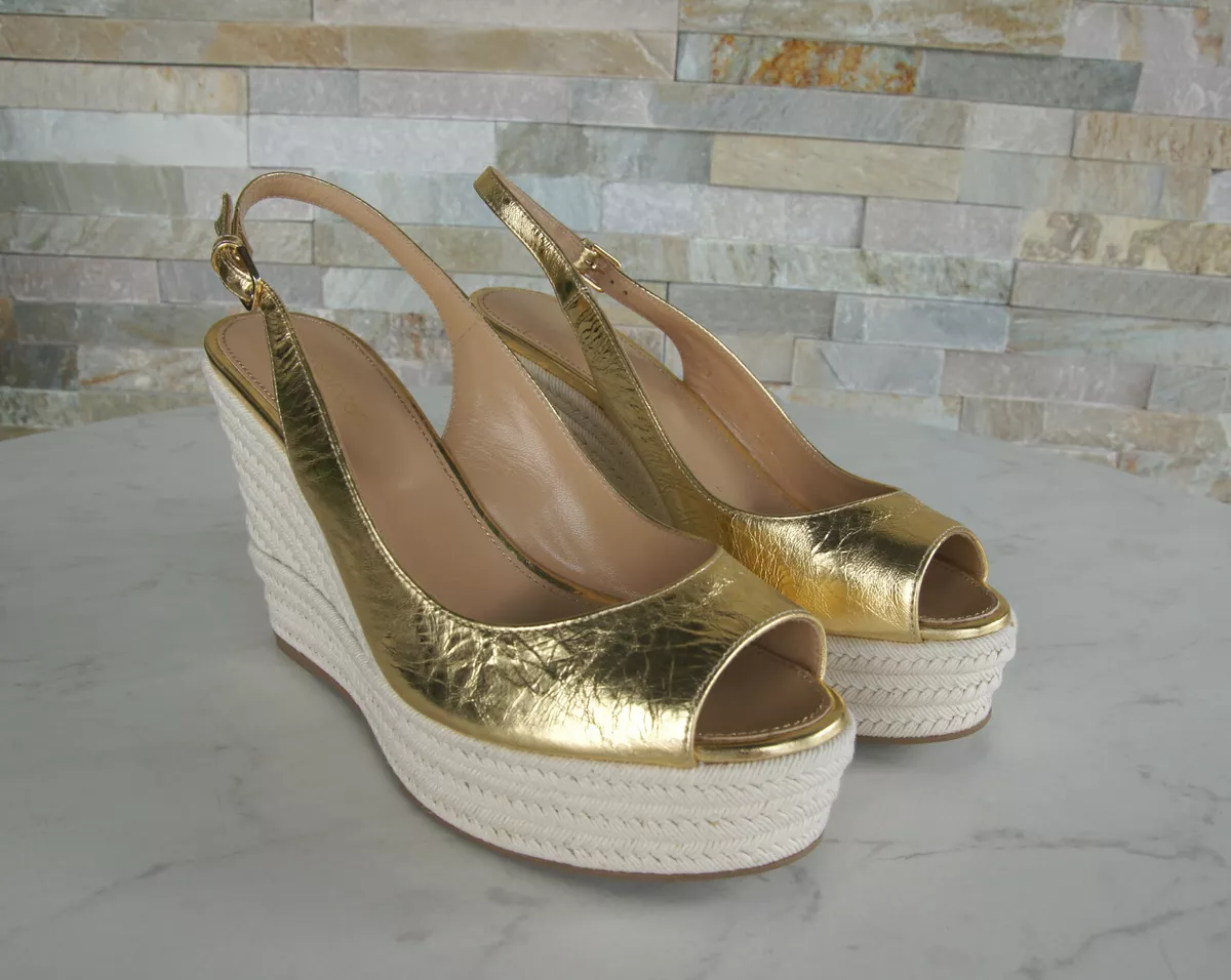 Sergio Rossi Tg. 37 5 Plateau Sandaletti Zeppe Scarpe Oro Nuovo