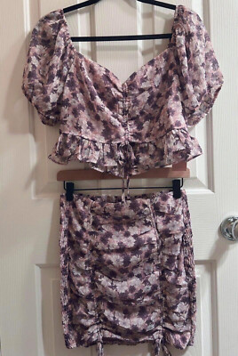 NWT Summer Pink Lavender Floral Set Crop Blouse & Skirt | Womens Sz M