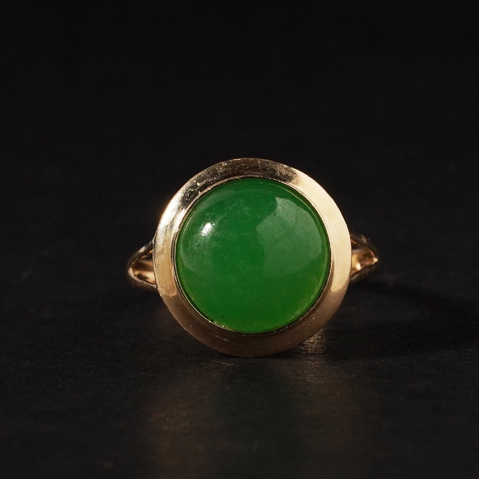 Conjunto de moldura de anel cúpula sinete ouro 14K vintage verde calcedônia cabochão tamanho N/7 - Imagem 4 de 4