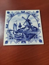 delft blauw hand painted holland Windmill By Boat on Water Tile 7x7" Kitchen