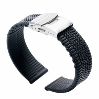 Bracelet de montre en silicone noir étanche lien pneu fermoir rabattable avec sécurité - Photo 1/4