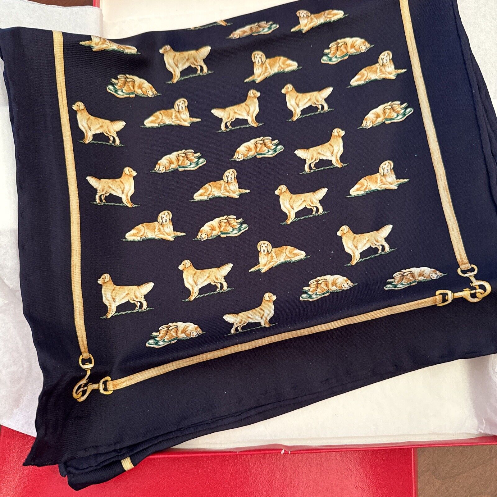 Vtg Alynn Silk Scarf 56”x10” Navy Golden Retriever Dog Design Hand Rolled
