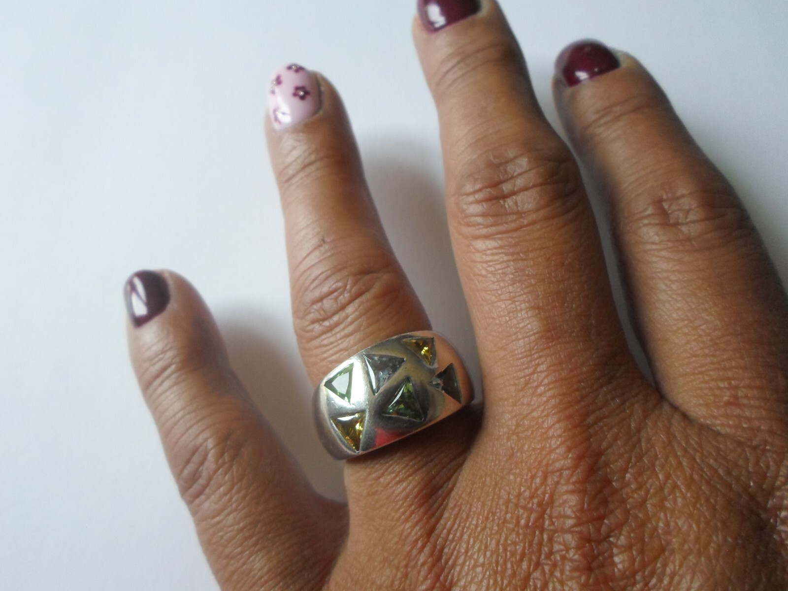 Solid Silver Ring, Dome, Multi-Stone Triangles, T… - image 1