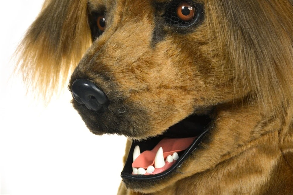 Fantasia de mascote de cabeça de cabelo longo orelhas de cachorro amarelo pode mover a boca Halloween cosplay - Imagem 3 de 4