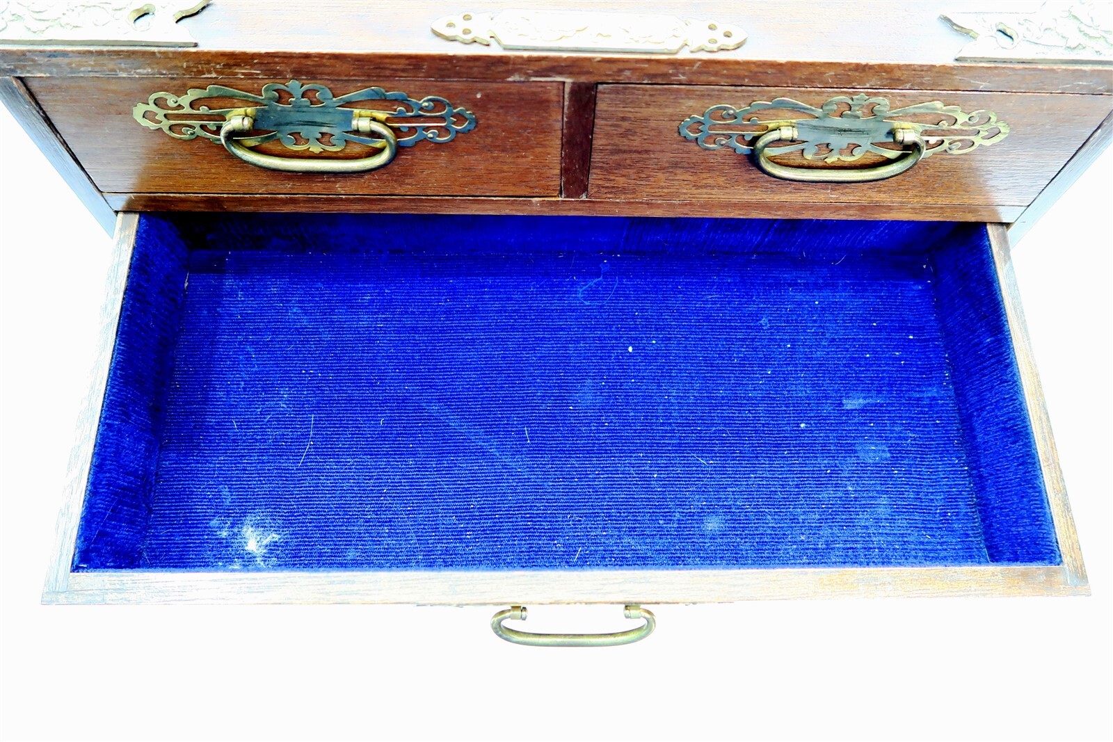 Vintage Japanese Wooden Jewelry Box with Brass Hardware 4 Drawer 15
