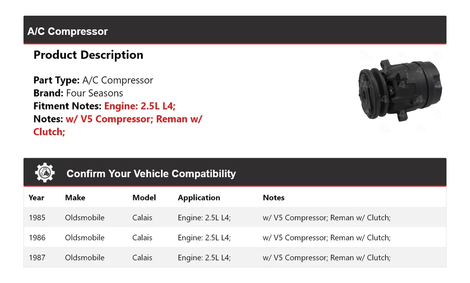 Компрессор кондиционера Oldsmobile Calais 2,5 л L4 1985-1987 годов выпуска 4 сезона 1986 - Изображение 2 из 4