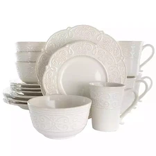Elama Dinnerware Set White Embossed Scalloped Stoneware 16-Piece (Service for 4)