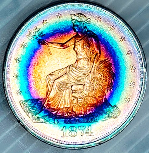 1874 Trade Dollar Scarce High Grade Bright Album Rainbow Toned Old Collection