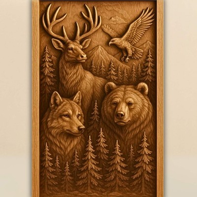 Forest Wildlife STL File for CNC Router   Deer Wolf Bear Eagle 3D Relief Model