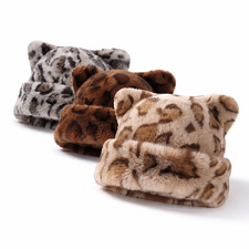 Leopard Faux Fur Cat Ear Beanie - Cute Plush Winter Hat for Women