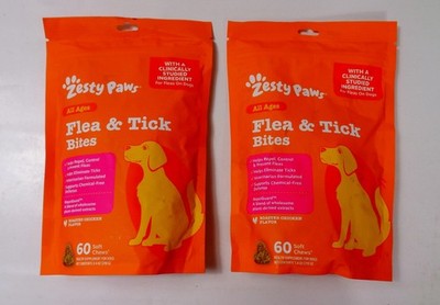 2 NEW Zesty Paws Flea & Tick Bites 60 count Ea. Bag 120 Total Soft Chews Sealed