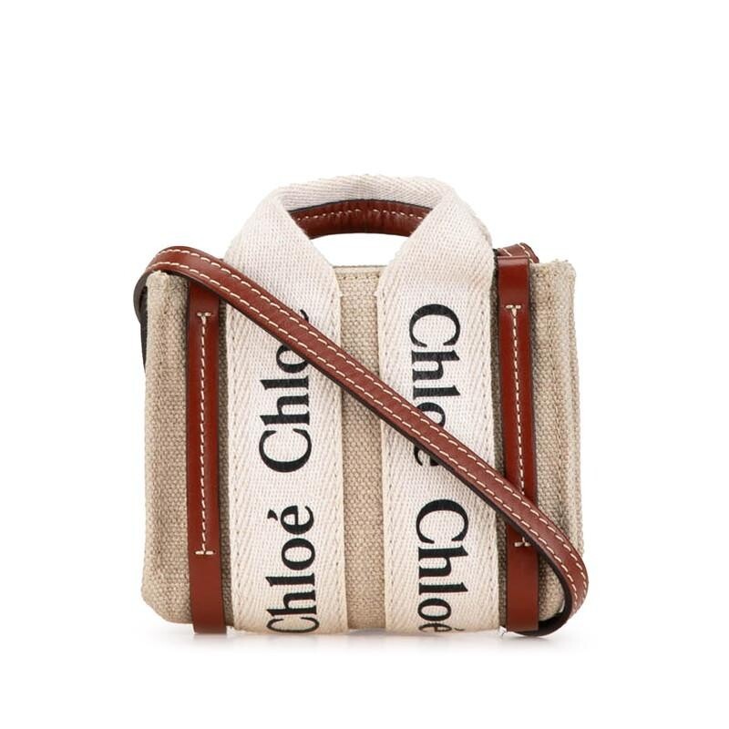 Chloe Woody Nano Handbag Shoulder Bag Canvas Leather Beige Womens 2 Way Purse
