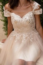 Amazon Champagne sparkly lace applique homecoming Dress With Drop Sleeve