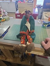 Moose In Deer Print Pajama's w/ Moose Slippers Holding A Pillow 18"