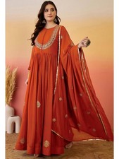 New Heavy Georgette Rust Orange Gown Bottom With Dupatta For Traditional Wear