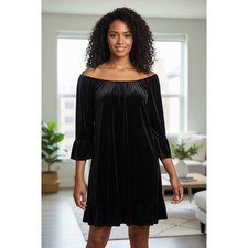 Fever Black Velvet Dress Off Shoulder Ruffle Bell Sleeve Party Cocktail Med NEW