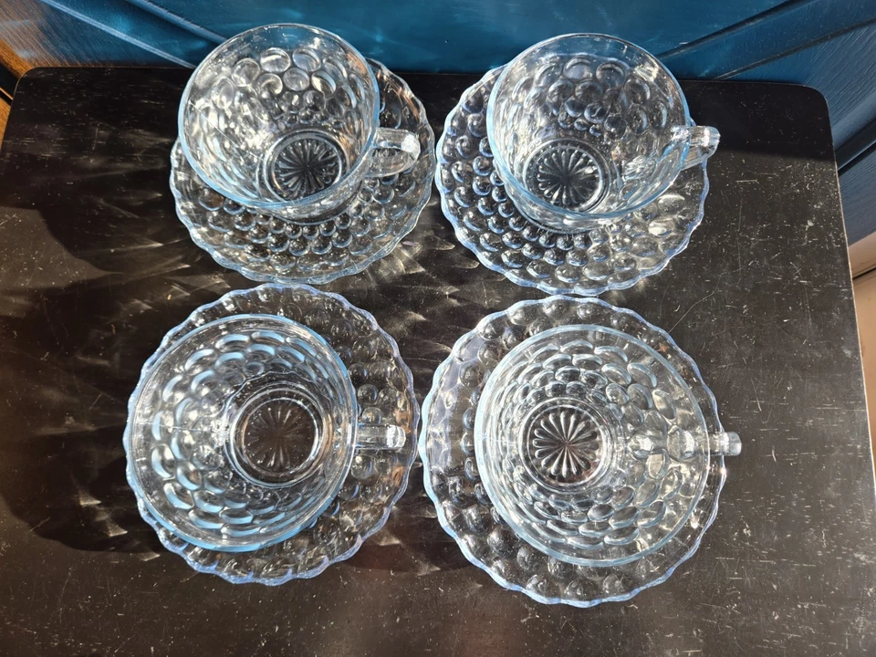 Vintage MCM Ice Blue Bubble Glass 8 Piece Set 8/4 Cups+ 4 Saucers Anchor Hocking - image 3 of 4