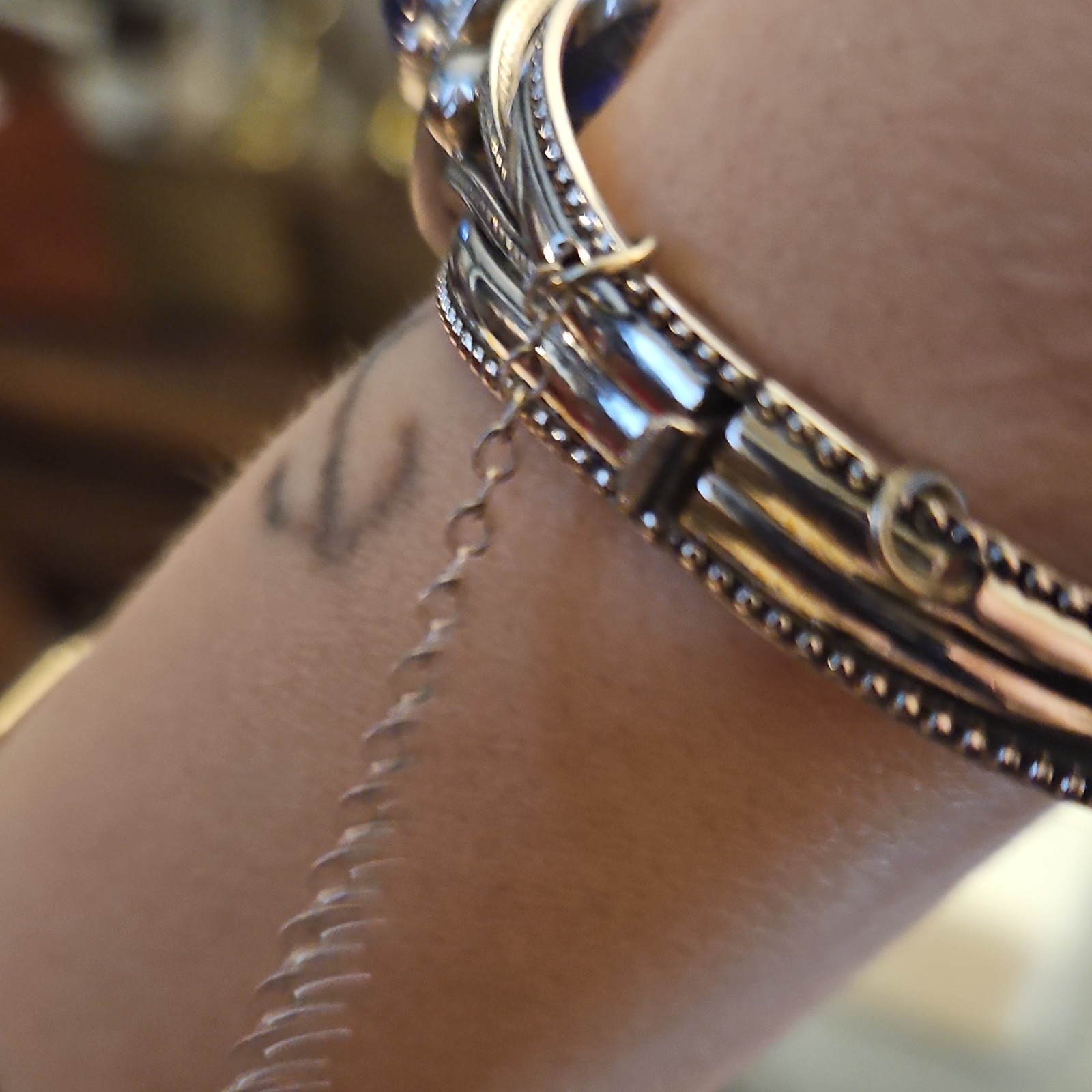 Middle Eastern Silver Cuff Bracelet with Blue Ova… - image 4