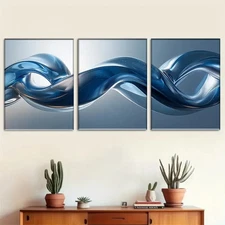 3pcs Set of Abstract Blue Wave  Metal Print Ready to Hang Art