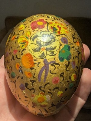 Handbemalte Kaschmir Pappmaché Eiform Schmuckschatulle Gold Floral 9 cm