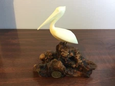 Vintage John Perry Pelican Sculpture Statue Bird On Burl Wood Beach Decor