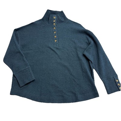 Poetry Button Neck Sweater Size 14 Teal Classic Luxury Coastal Cotton