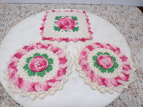 Vintage Handmade Crochet Hot Pads-Potholders Three White w/Pink & Green MCM-D