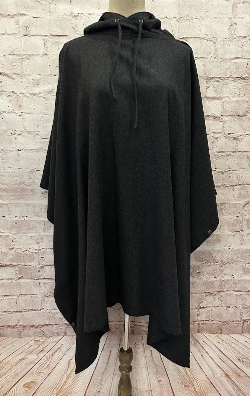 Vintage Lauren Ralph Lauren Wool Poncho Hooded Petite One Size Snap USA Charcoal