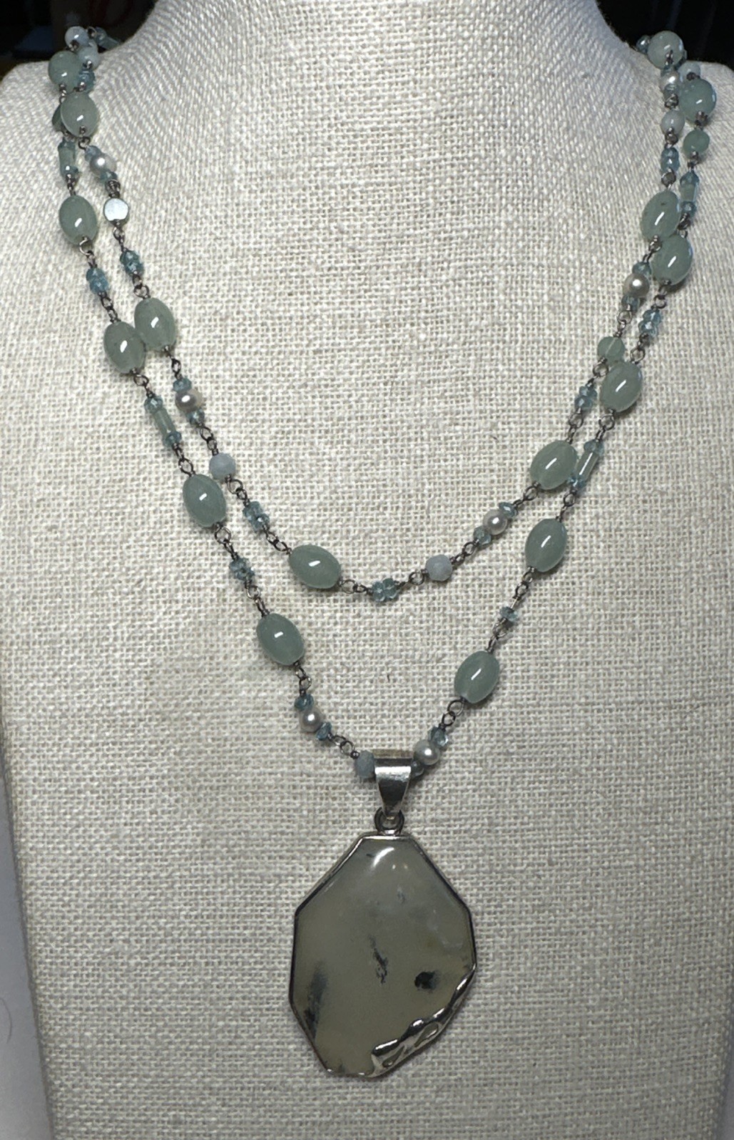 Vintage Montana Moss Agate Sterling 925 Pendant Aventurine & Pearl Necklace LUC