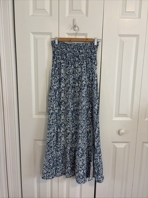 Maaji Blue White Floral Midi Dress/Maxi Skirt Size Medium Slit Summer Beach Sun