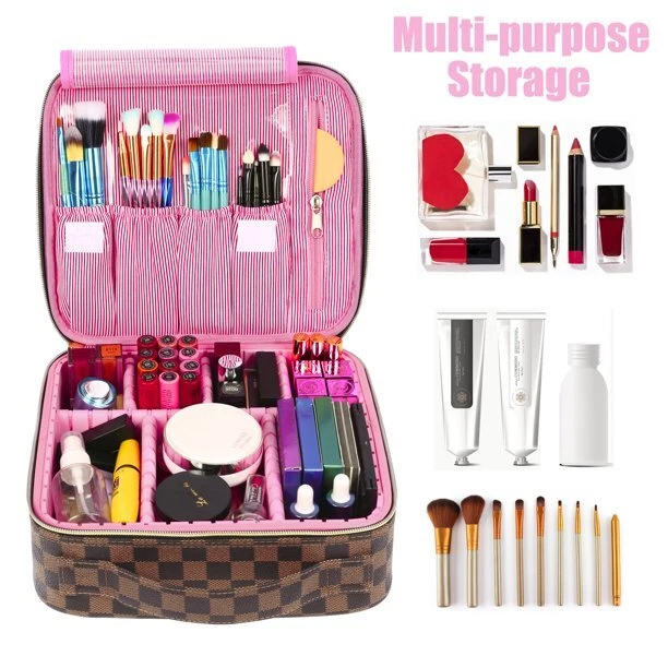 Makeup Bag for Women Checkered Travel Case Leather Cosmetic Organizer Tools  Toiletry Jewelry 