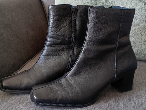 Clarks Black Leather Boots, Square Toe Ankle Boots UK size 6 Mid Heel