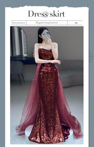 Wine Red Strapless Toast Gown Bride's Banquet Fishtail Dress Wedding Party Dress - Picture 10 of 19