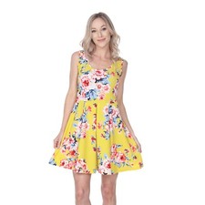 Printed Fit  Flare Dress, Rose Floral Design Sleeveless Scoop Neck Above Knee
