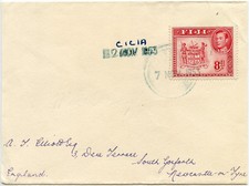 FIJI CICIA 1953 DUMB HANDSTAMP + DATESTAMP + KG6 8d on WRAPPER CUT DOWN ENVELOPE