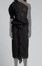 $1095 Ulla Johnson Women's Black Twyla One-Shoulder Cascading-Ruffle Dress Sz 10