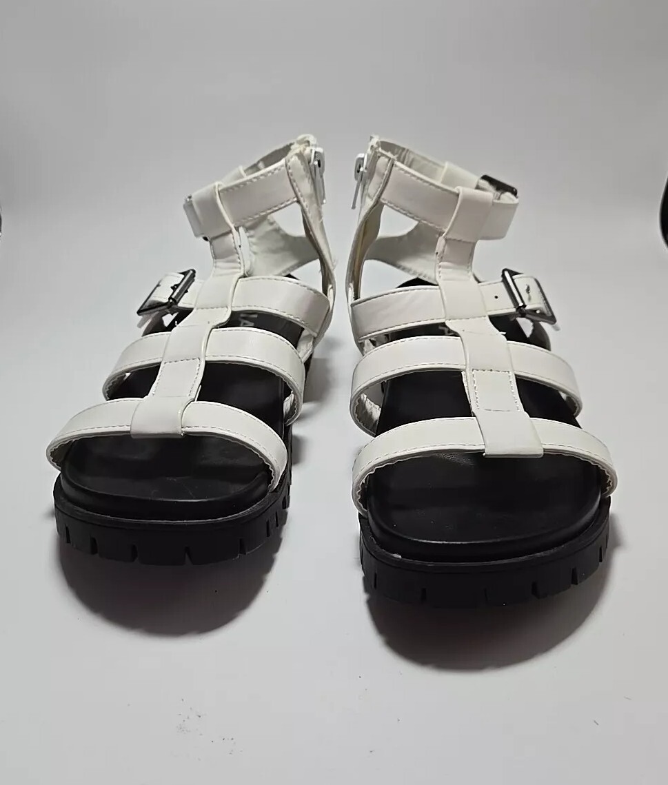 Miaページ Sz 8.5 Mia Women's White Strappy Sandals. Zip Lug Soles Platform