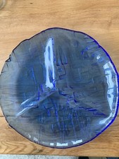 Grand plat hors-d'œuvre en verre bleu - trèfle - 3 serviteurs à plats - diamètre 34 cm