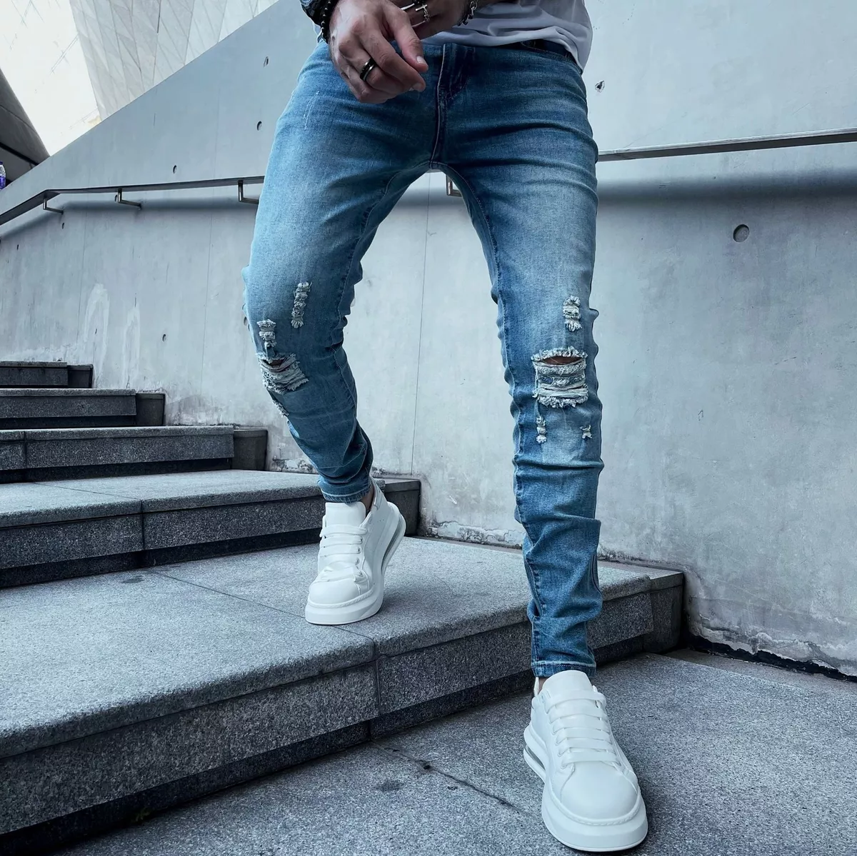 Men's Ripped Jeans Stretch Washed Blue Boys Jean Trouser Skinny Slim Denim  Pants