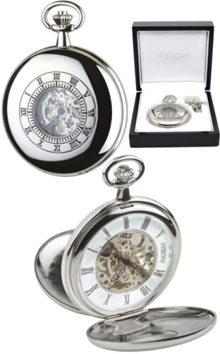 Jean Pierre Twin Lid Skeleton Pocket Watch Chrome Plated Free Engraving (g255cm) - Picture 1 of 4