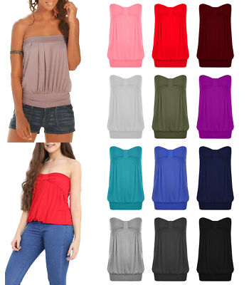 Damen Stretch trägerlos Sommer Top Bandeau Boob Röhre Knoten vorne lockere Passform 8 26