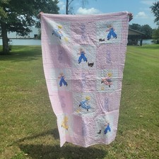 Pink Crib Quilt handmade w/applique, embroider Farm Children w/Animals 39"X61"