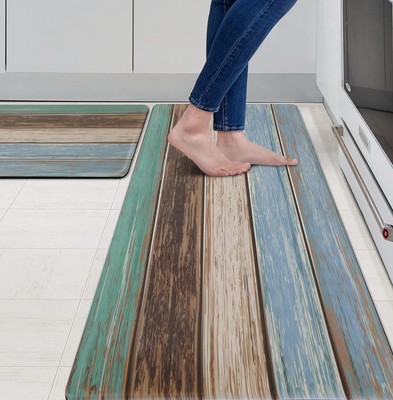 Kitchen Rugs and Mats Set of 2 Teal Farmhouse Anti Fatigue Mat PVC Non Slip R...