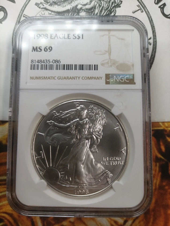 1998 $1 American Silver Eagle ~ NGC MS69 Brown Label EG113 - Image 2 of 3