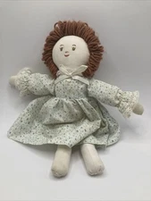Vtg Handmade 13” Cloth Fabric Rag Doll  Floral Dress Brown Yarn Hair