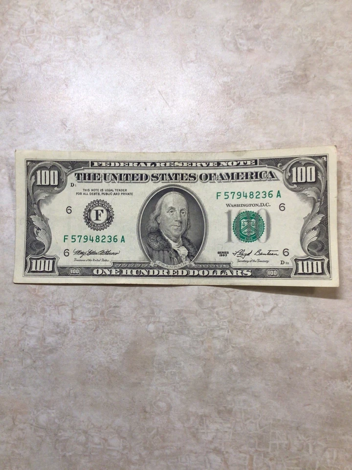 1993 One hundred dollar bill. Fancy serial number broken ladder. - Image 2 of 4