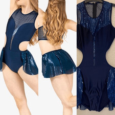 Double platinum dance Costume leotard blue sequin dress N7799P -adult S