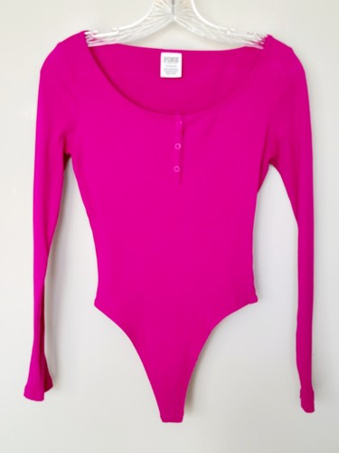 Victoria's Secret PINK Cotton Long Sleeve Scoop Neck Bodysuit Top Magenta XS - Picture 1 of 5